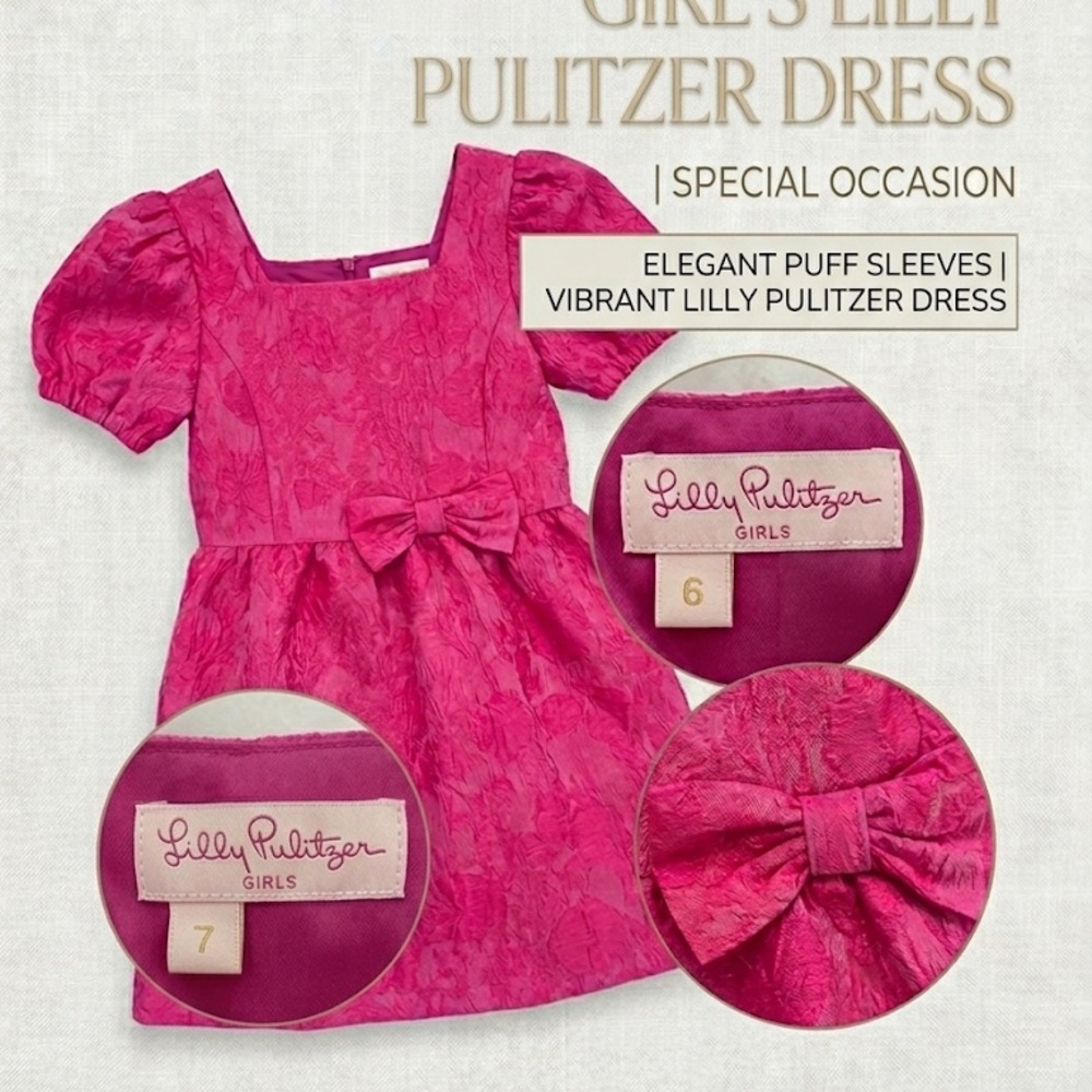 Lilly Pulitzer Girls Vibrant Pink Puff-Sleeve Bow Dress